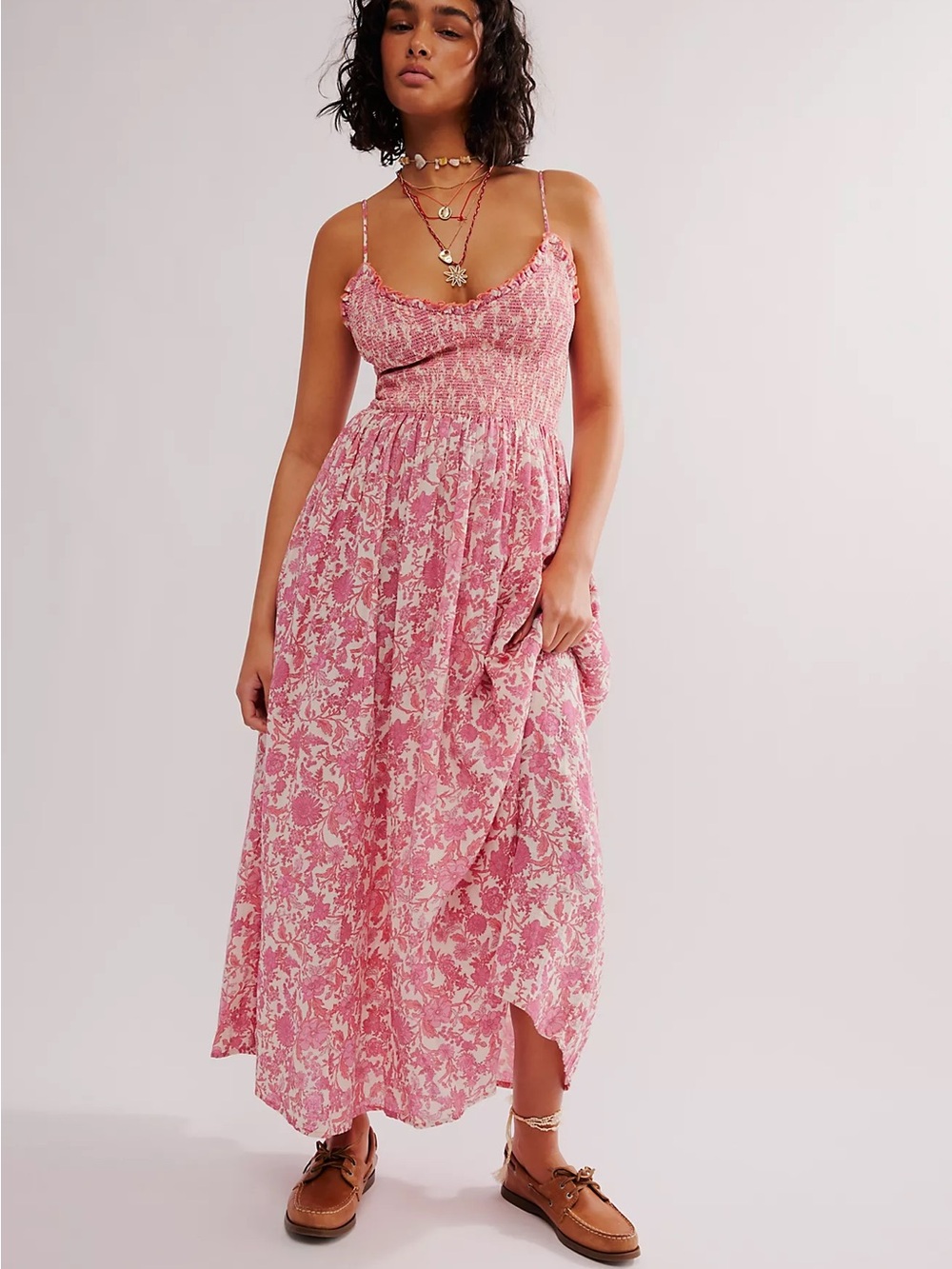 Free People Pink Floral Smocked Midi Dress